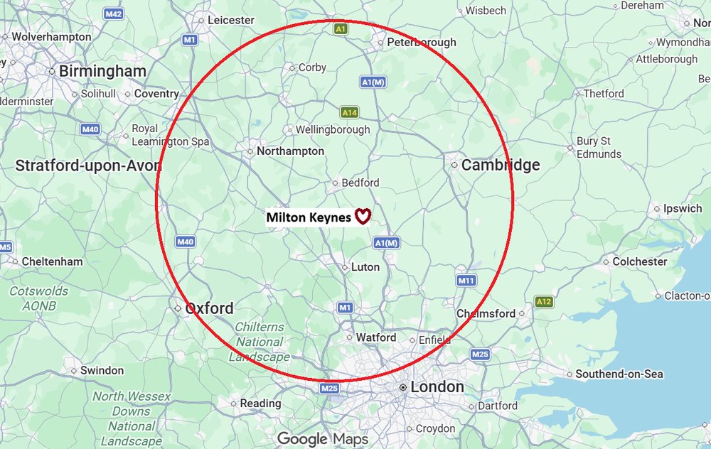 Map showing the area Simrah travels to, centred on Milton Keynes and reaching Northampton, Bedford, Cambridge, Luton, Oxford and north London